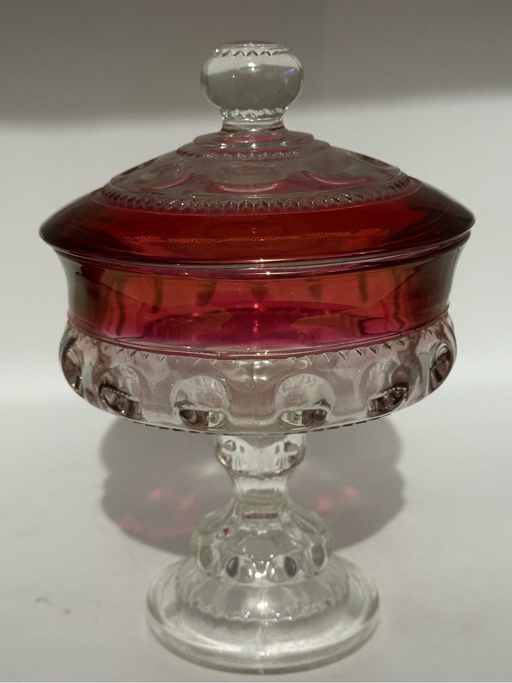 Vintage Indiana glass Candy Dish with lid. Ruby red trim